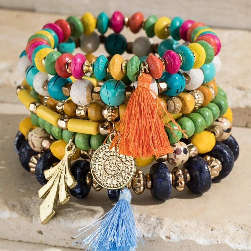 Vintage Colorful Bracelet Set with Tassels and Charms 🌈✨